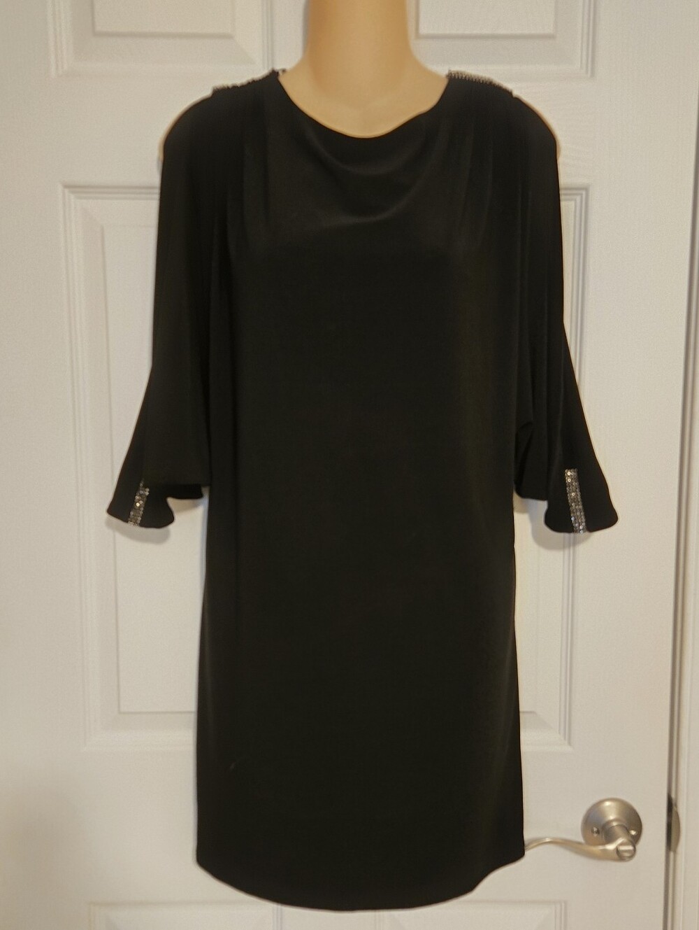 Vintage CACHE Black Cocktail Dress Silver Rhinestone Flutter Cape Sleeve SzSmall